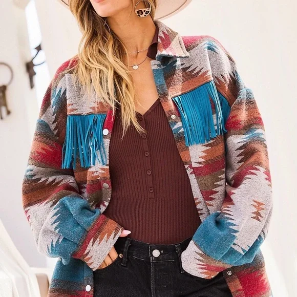 Southwestern Aztec Fringe Jacket | Oversized Tribal Print Shacket Coat - Picture 2 of 7